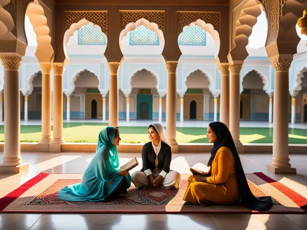 Un grupo de mujeres en atuendos tradicionales islámicos discuten animadamente en un hermoso patio de mezquita decorado, con luz solar filtrándose a través de las ventanas