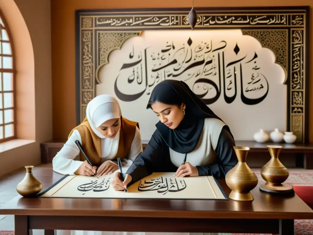 Un grupo de mujeres practica caligrafía islámica en un estudio ornado, capturando la importancia de la caligrafía islámica femenina