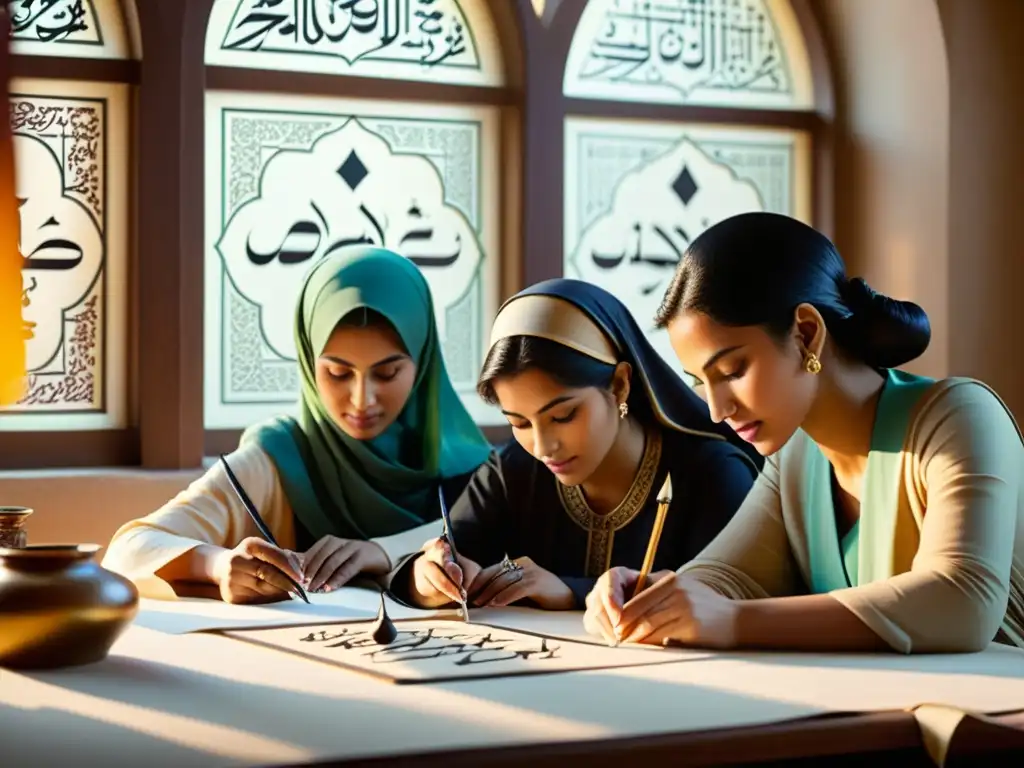 Grupo de mujeres practicando delicadamente la caligrafía islámica, rodeadas de tinteros y manuscritos antiguos, con luz suave iluminando su dedicación