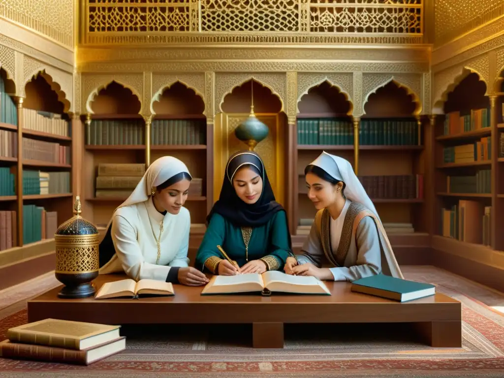 Grupo de mujeres científicas y filósofas en la Edad de Oro del Islam, inmersas en la expansión del conocimiento