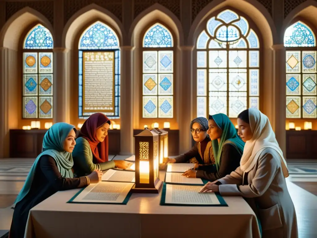 Grupo de mujeres científicas y filósofas en biblioteca islámica, reflejando la importancia de la mujer en la expansión del Islam