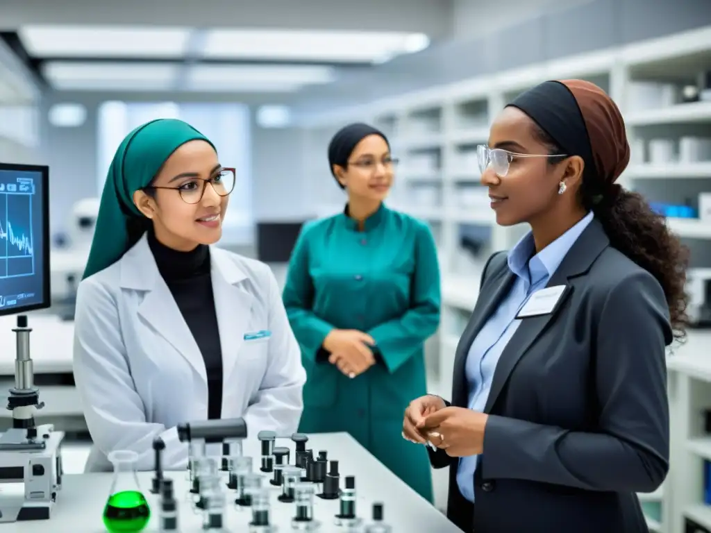 Un grupo de mujeres científicas y filósofas musulmanas contemporáneas colaboran en un laboratorio moderno, transmitiendo determinación e intelecto