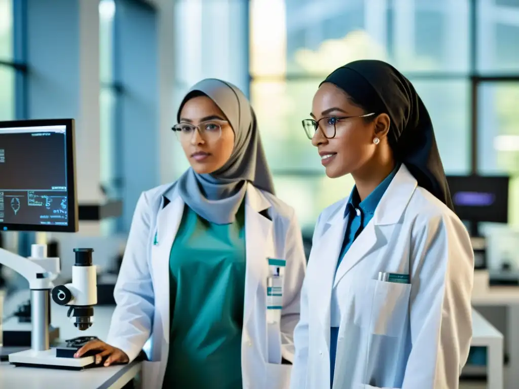 Un grupo de mujeres científicas musulmanas en un laboratorio moderno, trabajando juntas en investigación científica de vanguardia