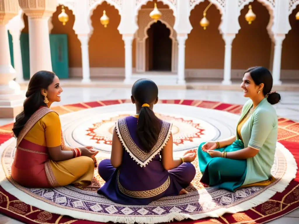 Un grupo de mujeres en un círculo, vestidas con atuendos tradicionales, compartiendo historias en una reunión en una hermosa mezquita