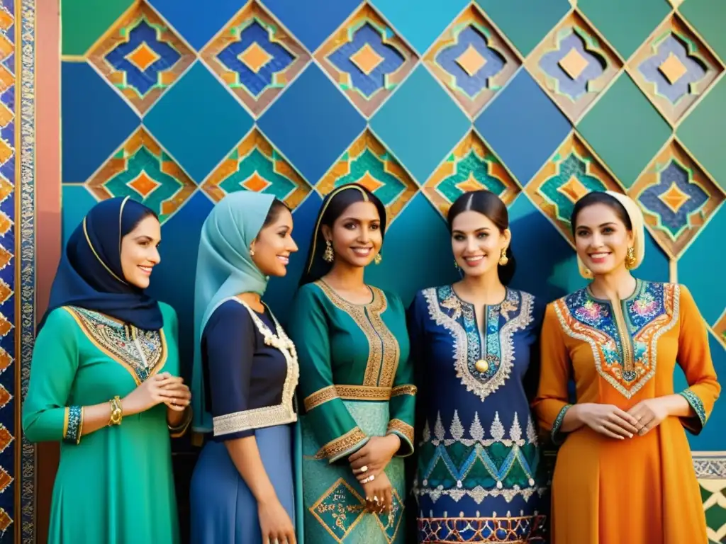 Un grupo de mujeres viste coloridas prendas tradicionales musulmanas, destacando tonos vibrantes y patrones ornamentados