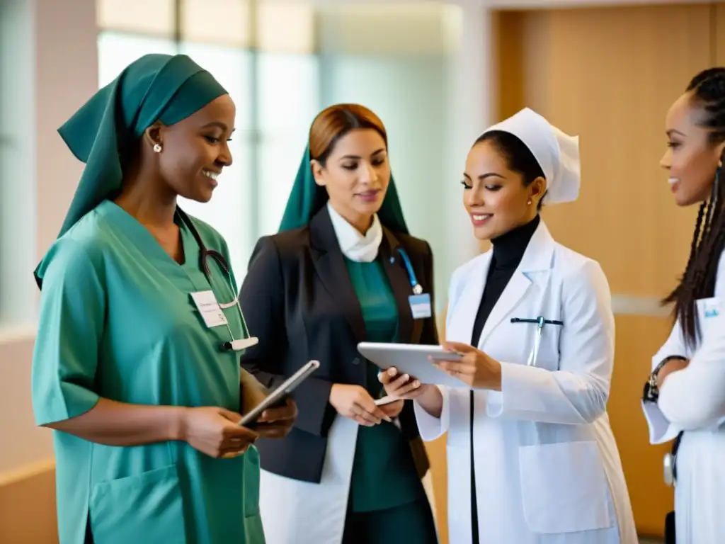 Un grupo de mujeres diversas en atuendo islámico tradicional, participando en la toma de decisiones médicas en un hospital moderno