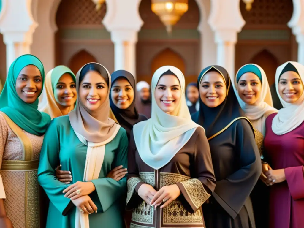 Un grupo de mujeres diversas en atuendos islámicos, unidas en la importancia de su contribución a la expansión del Islam