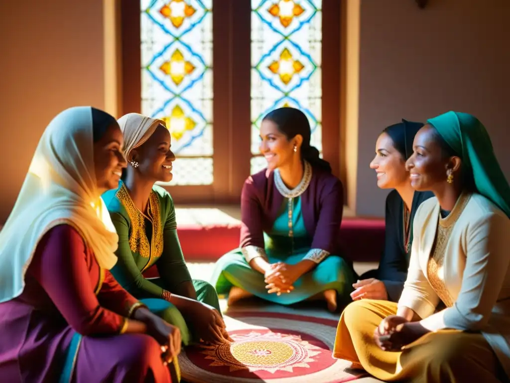 Un grupo de mujeres diversas en círculo, vistiendo ropa islámica, intercambian sabiduría con expresiones de concentración