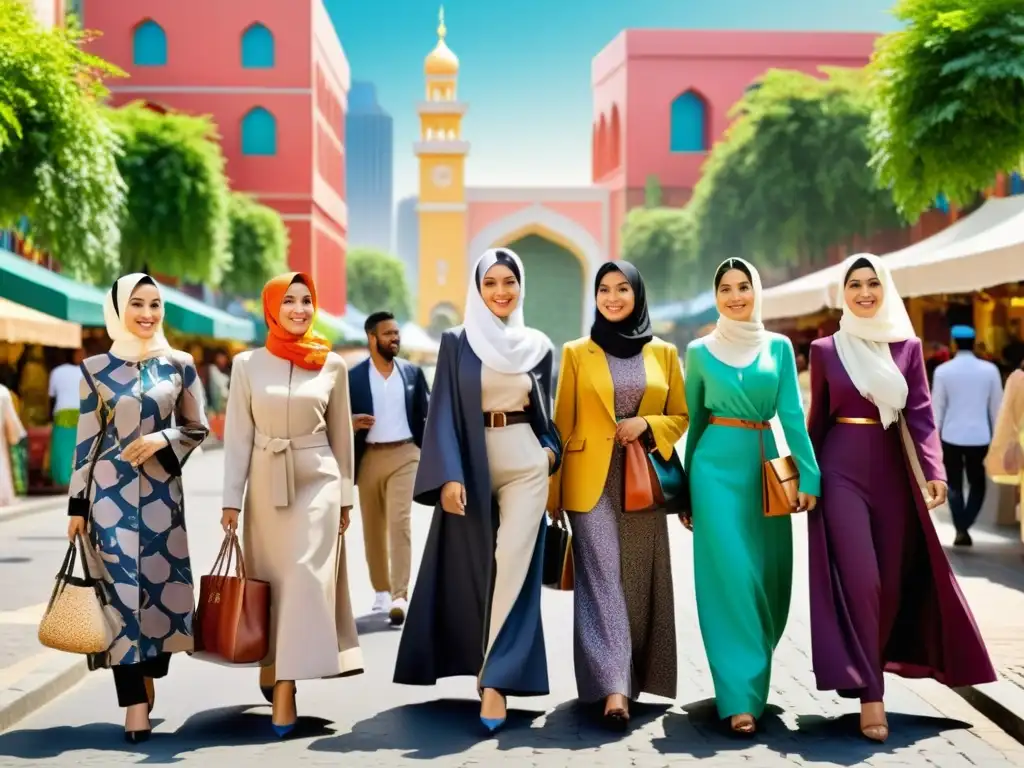 Un grupo de mujeres diversas vistiendo elegante y modesta ropa Halal, en una bulliciosa calle de la ciudad