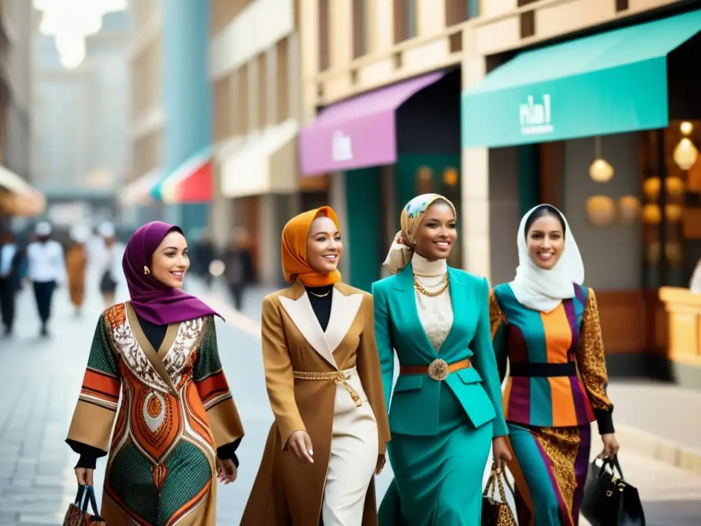 Un grupo de mujeres diversas vistiendo elegante ropa halal, caminando por una bulliciosa calle de la ciudad