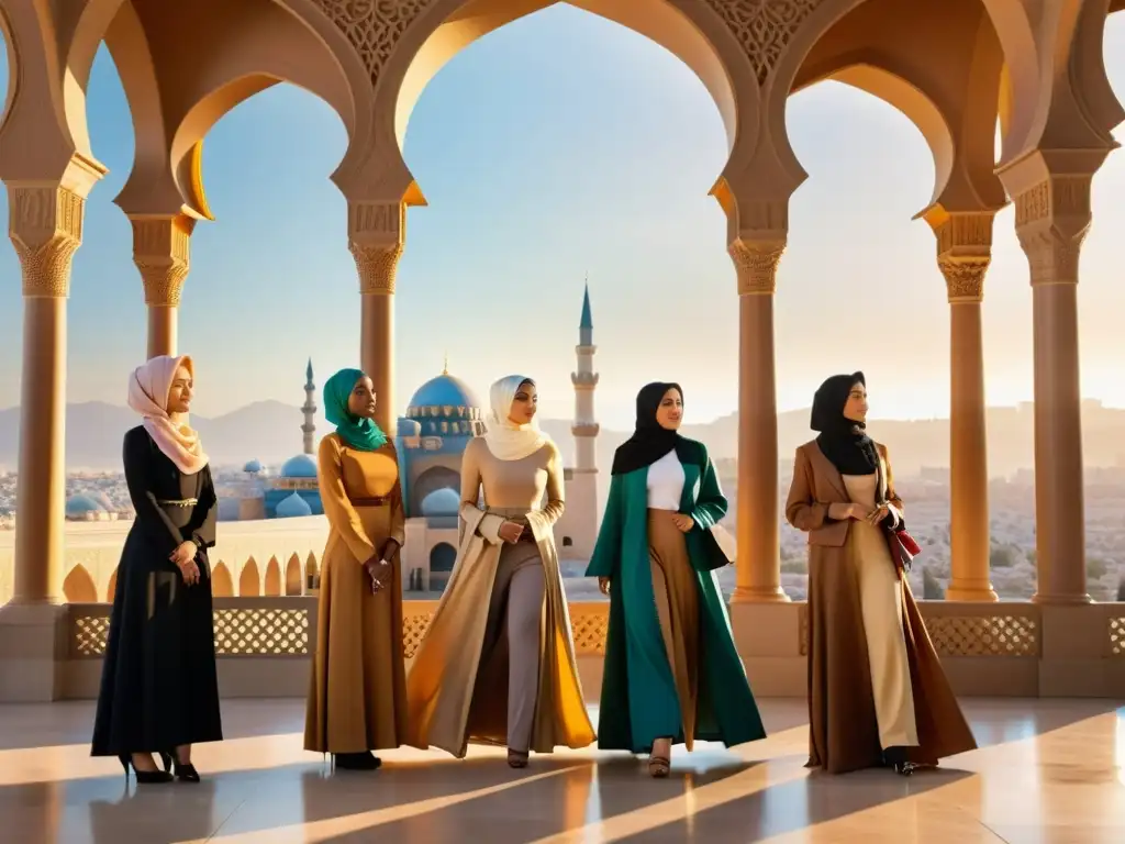 Un grupo de mujeres diversas con hijabs de colores y estilos únicos posan con confianza frente a un impresionante telón de fondo arquitectónico