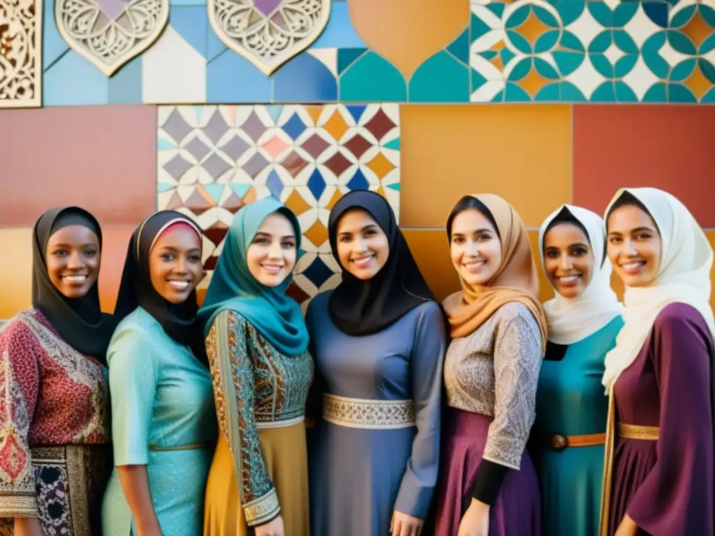 Un grupo de mujeres diversas vistiendo ropa tradicional islámica frente a un vibrante muro de mosaico