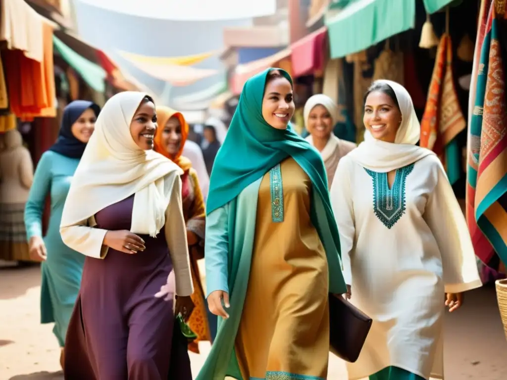 Un grupo de mujeres diversas viste vestuario islámico sostenible en un mercado vibrante, mostrando moda modesta y prácticas sostenibles