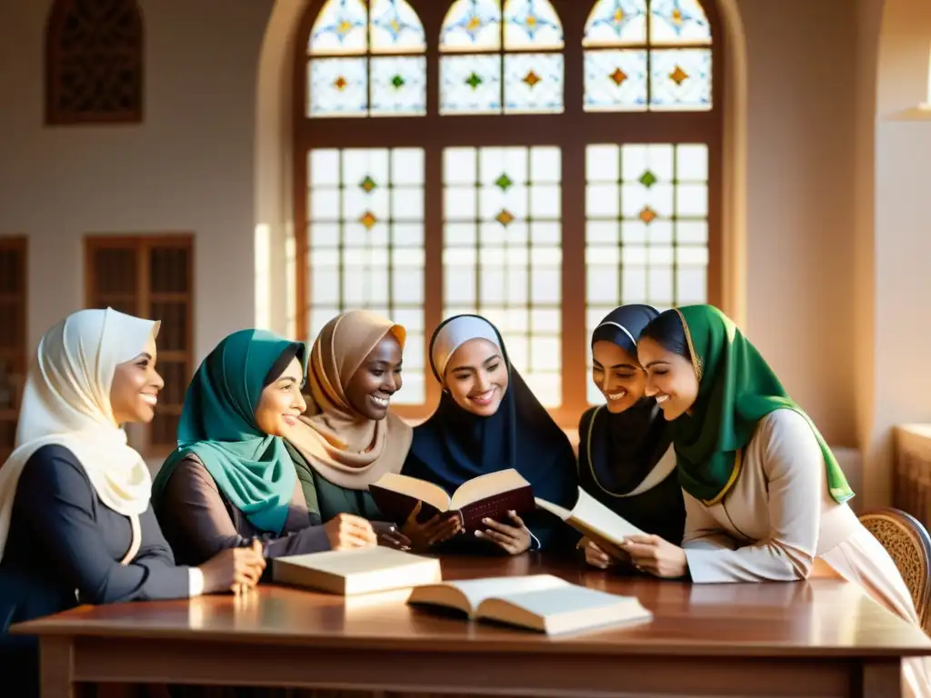 Un grupo de mujeres educadoras en el Islam, reunidas en una discusión empoderada en una institución educativa moderna con elementos arquitectónicos islámicos, transmitiendo una sensación de equilibrio entre tradición y modernidad