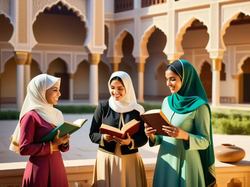 Grupo de mujeres educadoras en el Islam en un patio soleado, discutiendo y enseñando con expresiones sabias y empoderadas