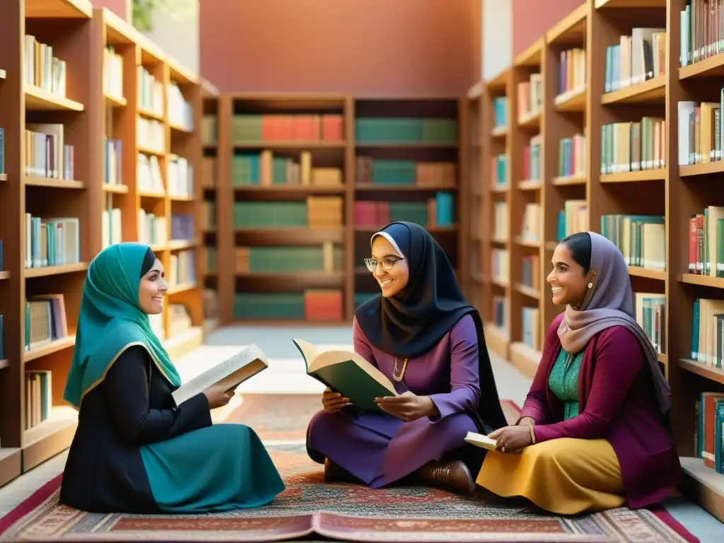 Un grupo de mujeres educadoras en el Islam debaten animadamente en un patio soleado, rodeadas de antiguos textos