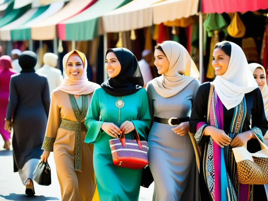 Grupo de mujeres elegantes con moda modesta islámica paseando por bullicioso mercado, capturando belleza y diversidad de la moda islámica