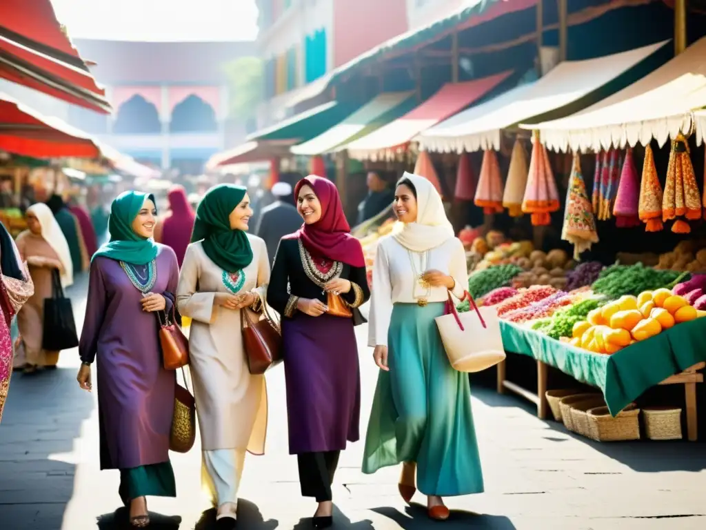 Un grupo de mujeres viste elegantes prendas halal, paseando por un bullicioso mercado lleno de coloridos textiles y vibrantes productos