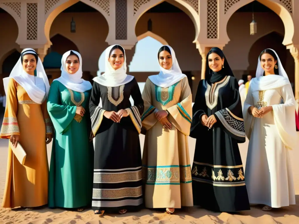 Un grupo de mujeres emiratíes viste trajes típicos, reflejando la identidad cultural de los Emiratos Árabes Unidos en un colorido mercado tradicional