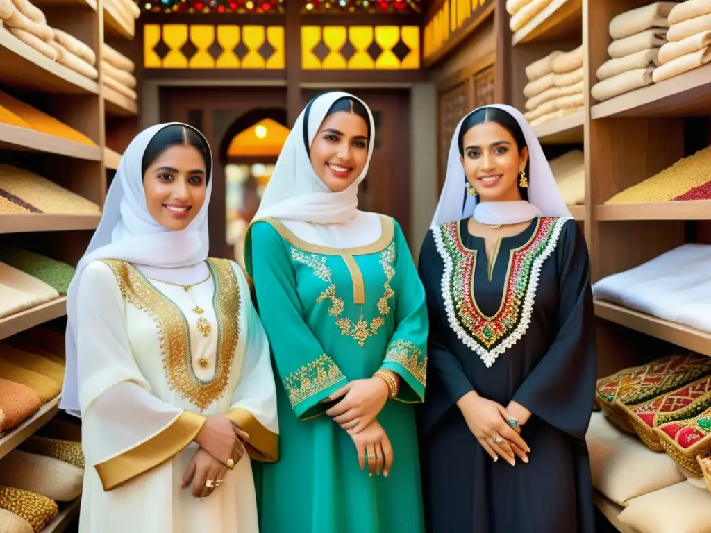 Grupo de mujeres emiratíes luciendo el vibrante y detallado traje típico emiratí, en un bullicioso souk que refleja su identidad cultural