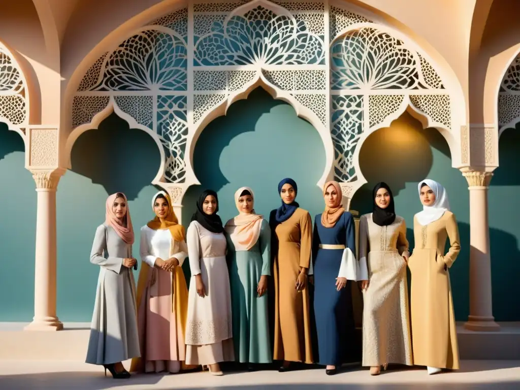 Un grupo de mujeres empoderadas y elegantes lucen Ropa Halal frente a una impresionante arquitectura