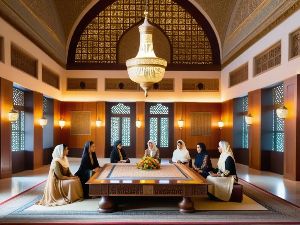 Grupo de mujeres empoderadas discutiendo en una sala decorada, resplandeciendo en la diplomacia islámica