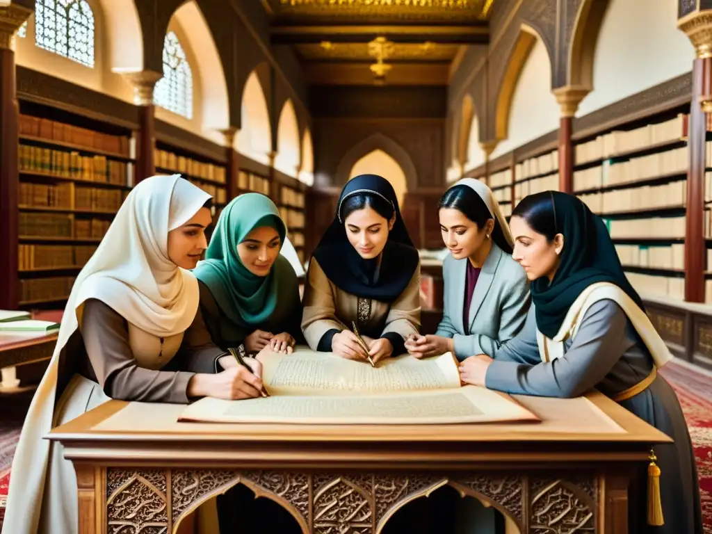 Un grupo de mujeres eruditas y científicas del califato islámico, intercambiando conocimiento en una biblioteca rica y ornamentada