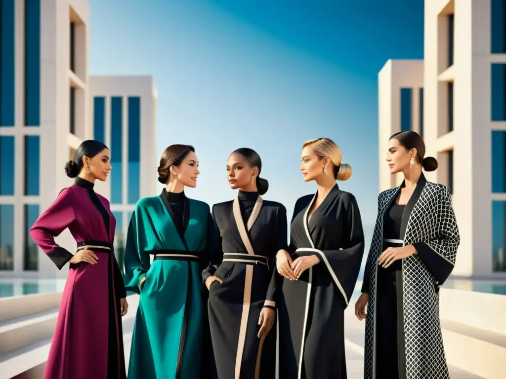 Un grupo de mujeres con estilo lleva abayas de autor moda islámica, caminando con confianza entre arquitectura moderna y patrones geométricos