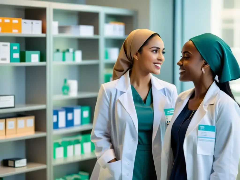 Grupo de mujeres con hijab y batas médicas discuten derechos de la mujer en medicina islámica en moderna instalación médica