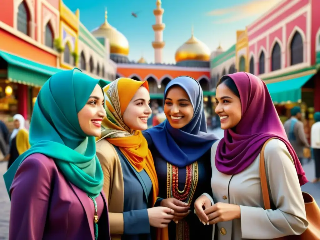 Grupo de mujeres con hijabs coloridos, discutiendo en un bullicioso mercado asiático, reconstrucción identidad islámica Asia postcolonial