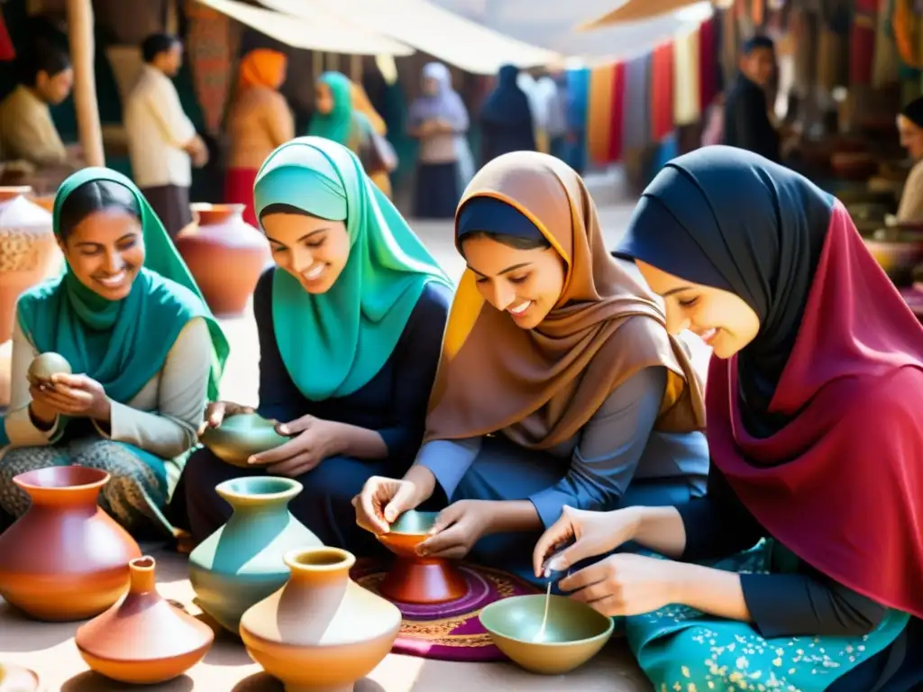 Un grupo de mujeres con hijabs coloridos y elaborados se reúnen en un bullicioso mercado, participando en artesanías islámicas y compartiendo conocimientos sobre prácticas culturales