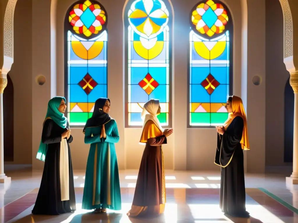 Un grupo de mujeres con hijabs y abayas rezando en una mezquita iluminada por la luz del sol