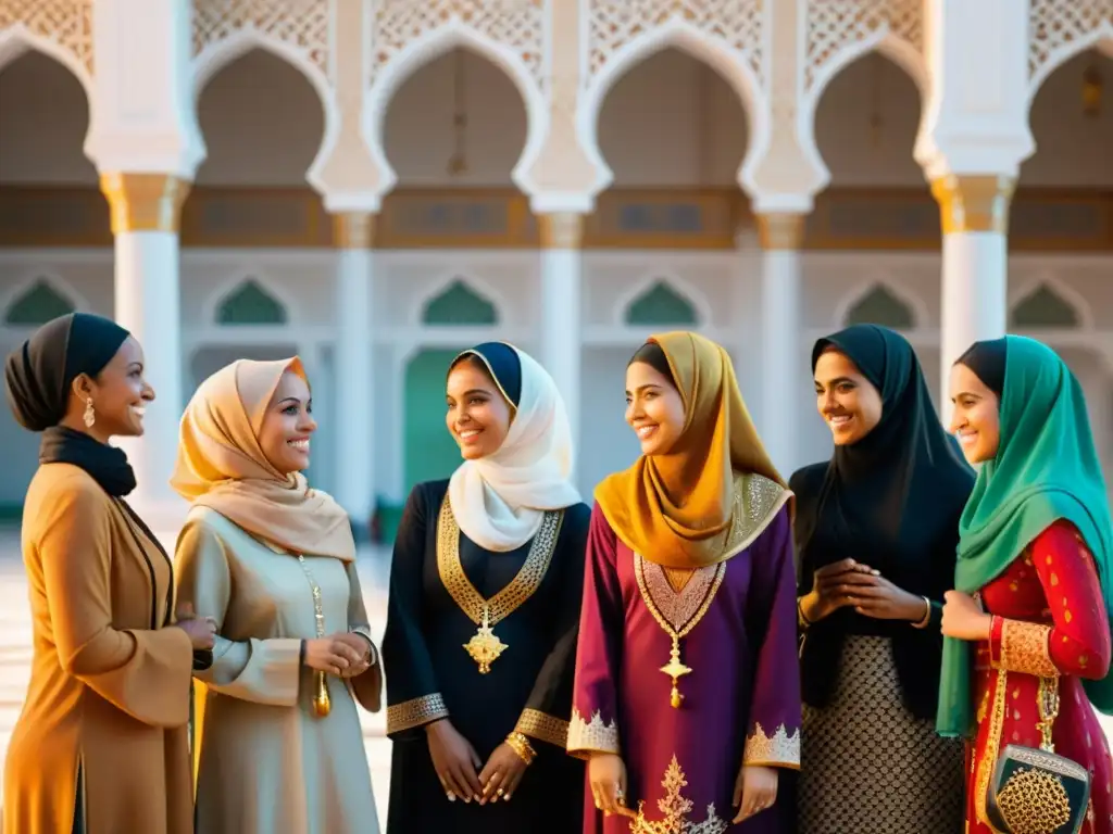 Un grupo de mujeres con hijabs y ropa tradicional conversan en un patio soleado de una mezquita