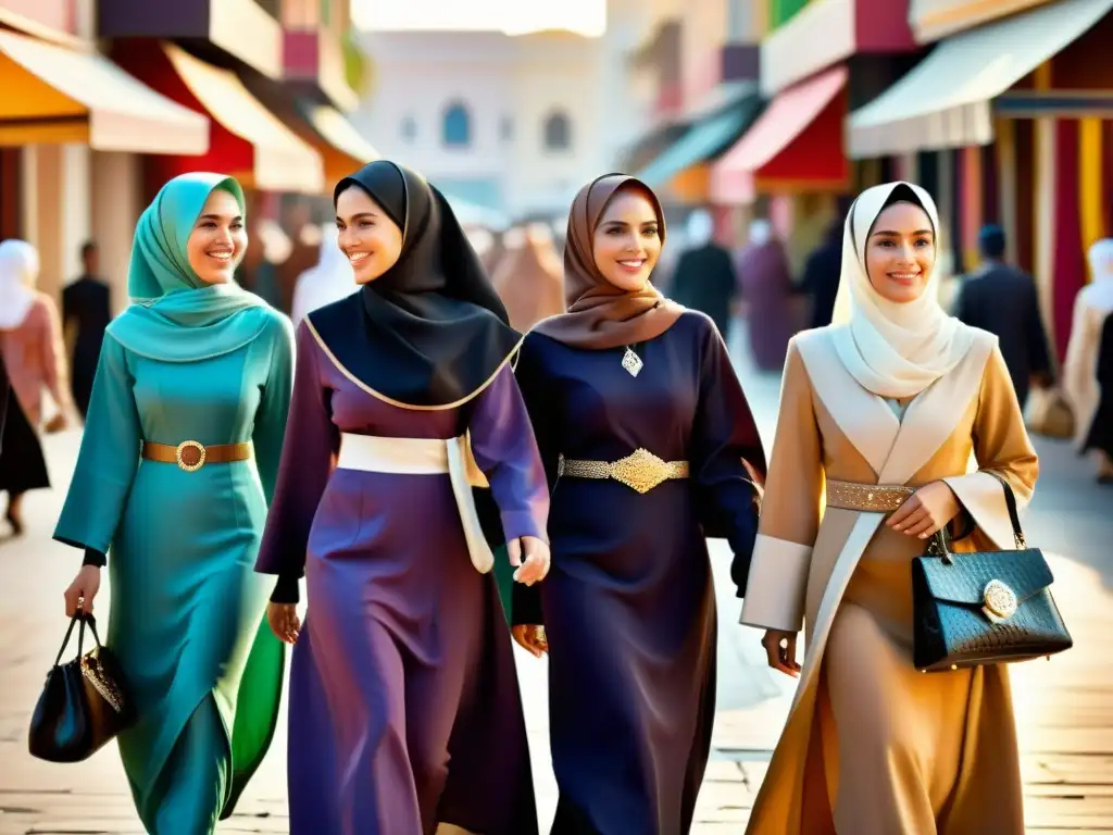 Grupo de mujeres con abayas y hijabs en un vibrante mercado, fusionando moda en festivales musulmanes con gracia y elegancia