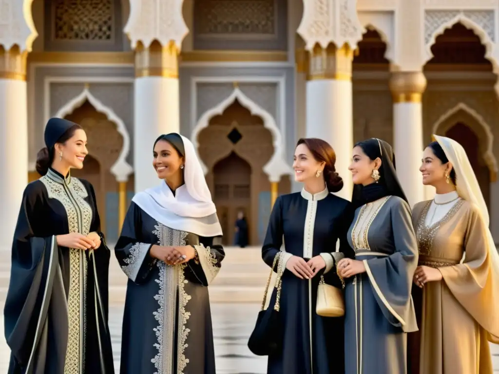 Un grupo de mujeres en Abayas históricas conversando frente a una hermosa mezquita