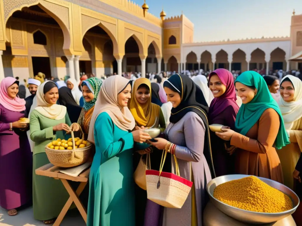 Grupo de mujeres islámicas realizando actividades filantrópicas en un bullicioso mercado, destacando el rol de las mujeres en filantropía islámica