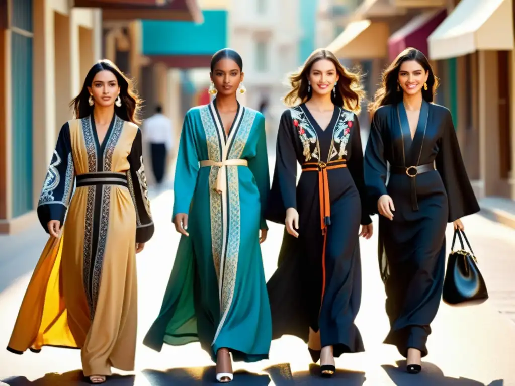 Un grupo de mujeres jóvenes lleva abayas de autor moda islámica, paseando con elegancia por la ciudad, destacando su sofisticación y orgullo cultural