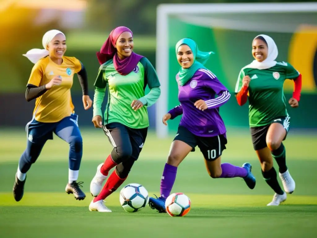 Grupo de mujeres jóvenes con hijabs coloridos jugando fútbol en un campo verde bajo el sol