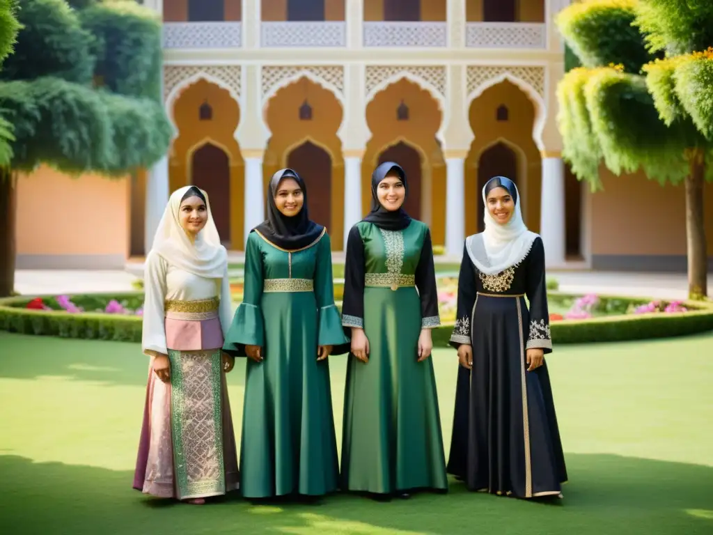 Un grupo de mujeres jóvenes vestidas con atuendos tradicionales islámicos se paran juntas en un patio verde exuberante, rodeadas de flores vibrantes y arquitectura islámica intrincada