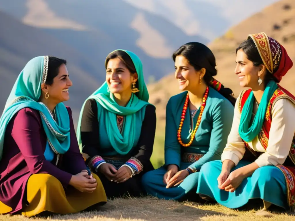 Grupo de mujeres kurdas con ropa tradicional y pañuelos coloridos, disfrutando de una animada conversación bajo el sol