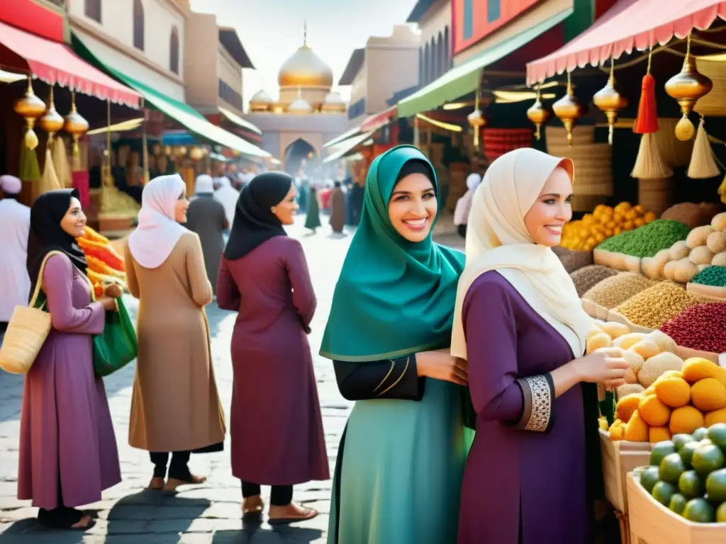 Grupo de mujeres en mercado islámico, comerciando y compartiendo relatos