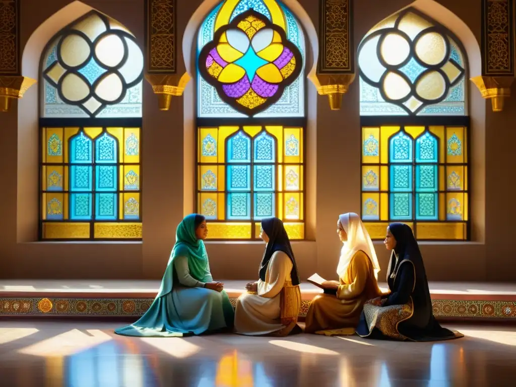 Grupo de mujeres en una mezquita, inmersas en discusiones académicas y contemplación espiritual