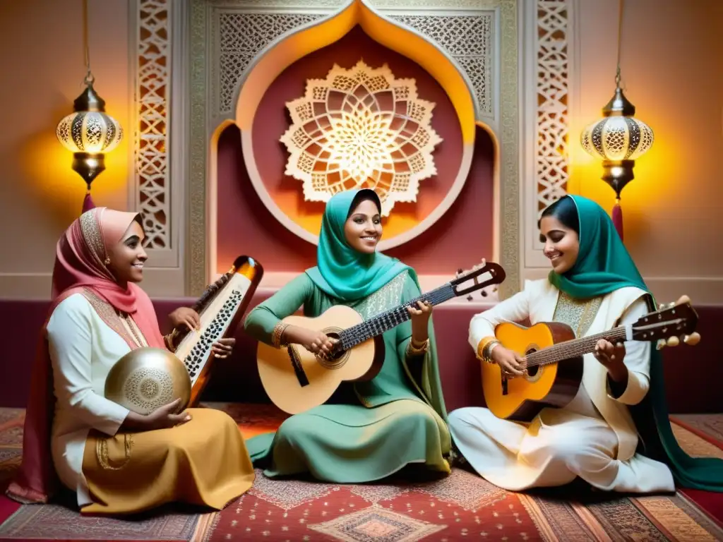 Un grupo de mujeres músicas islámicas tocando instrumentos tradicionales en una habitación bellamente decorada con patrones geométricos islámicos