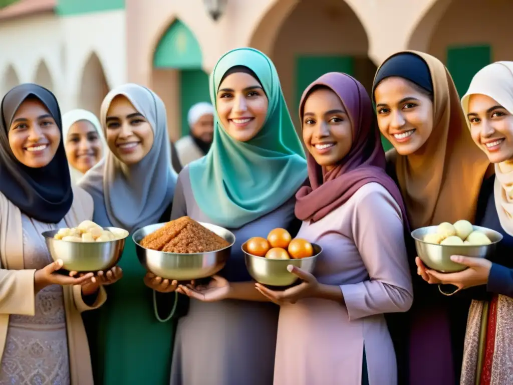 Un grupo de mujeres musulmanas realizando actos de generosidad, destacando el rol de las mujeres en filantropía islámica