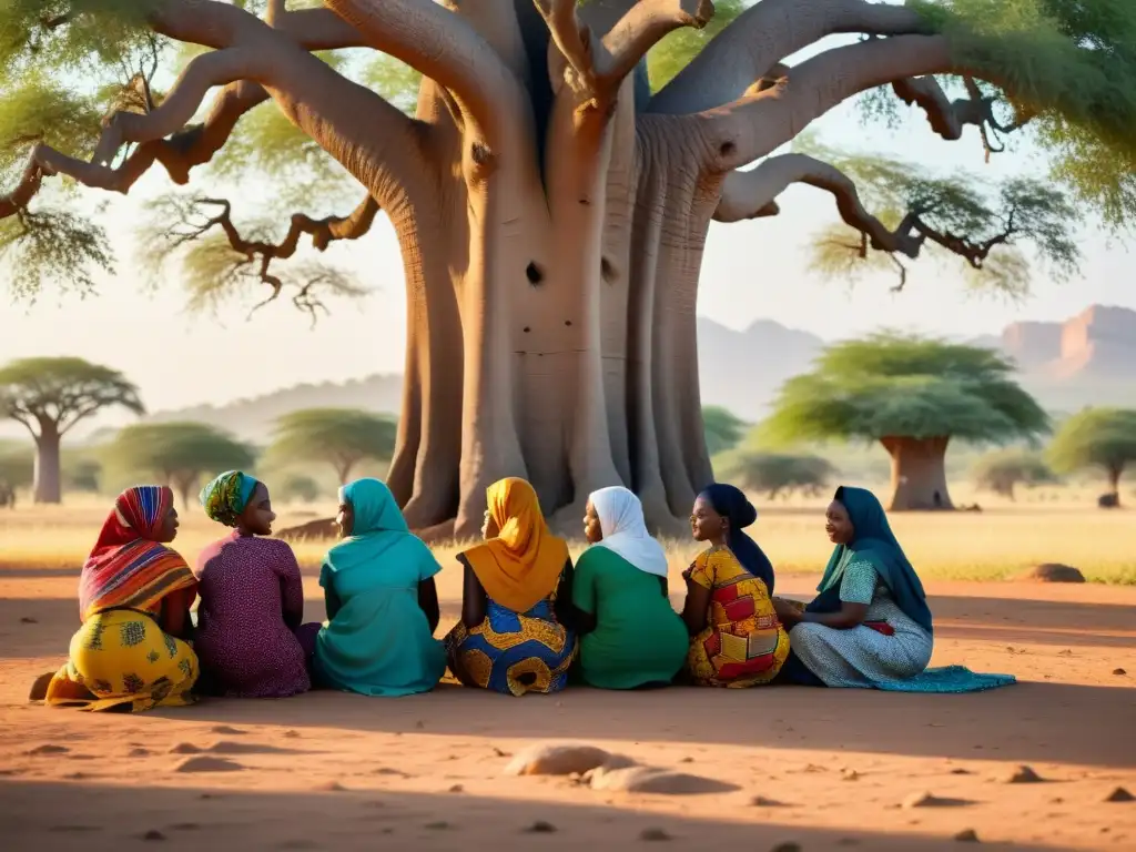 Un grupo de mujeres musulmanas africanas se reúnen bajo un árbol baobab, vistiendo ropa tradicional, transmitiendo fuerza y unión