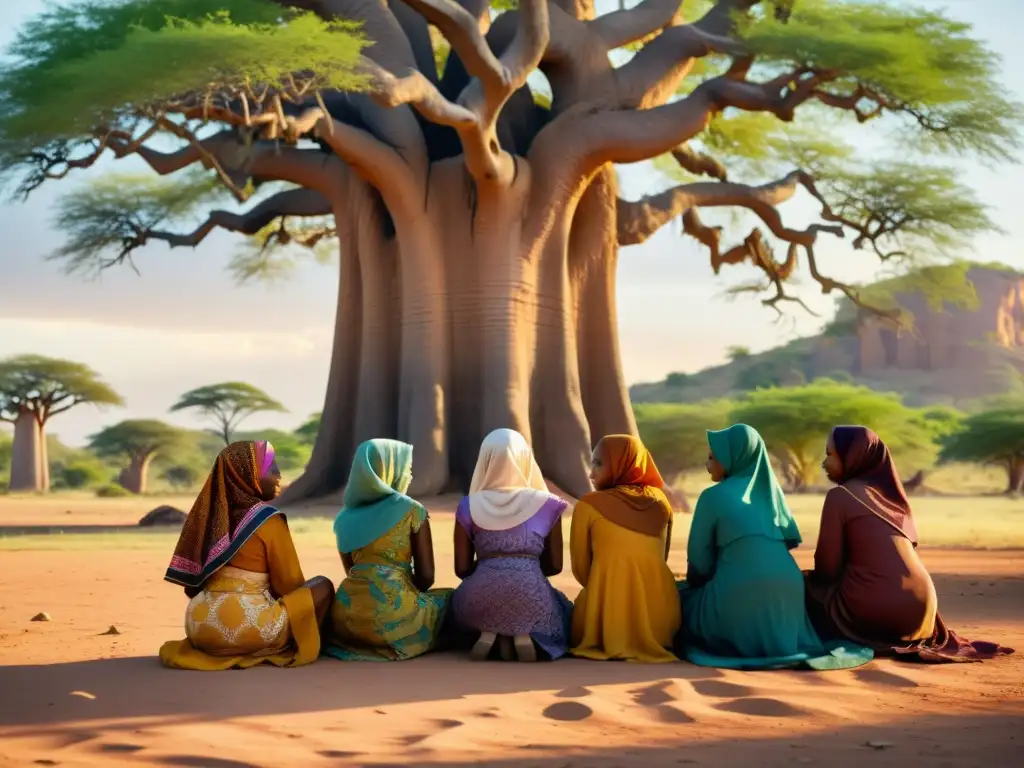 Un grupo de mujeres musulmanas africanas conversando bajo un baobab