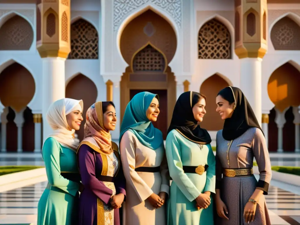 Un grupo de mujeres musulmanas en atuendo tradicional frente a una mezquita, mostrando liderazgo religioso en la estructura clerical