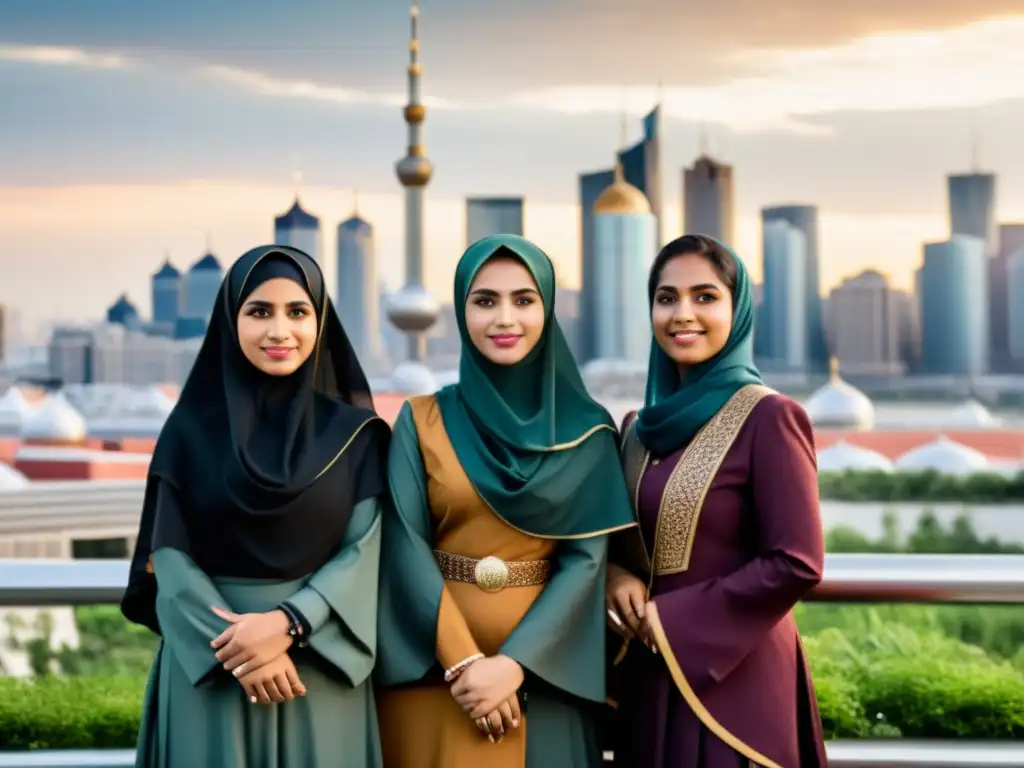 Grupo de mujeres musulmanas en atuendo tradicional frente a la ciudad, reflejando empoderamiento mujeres islam Asia