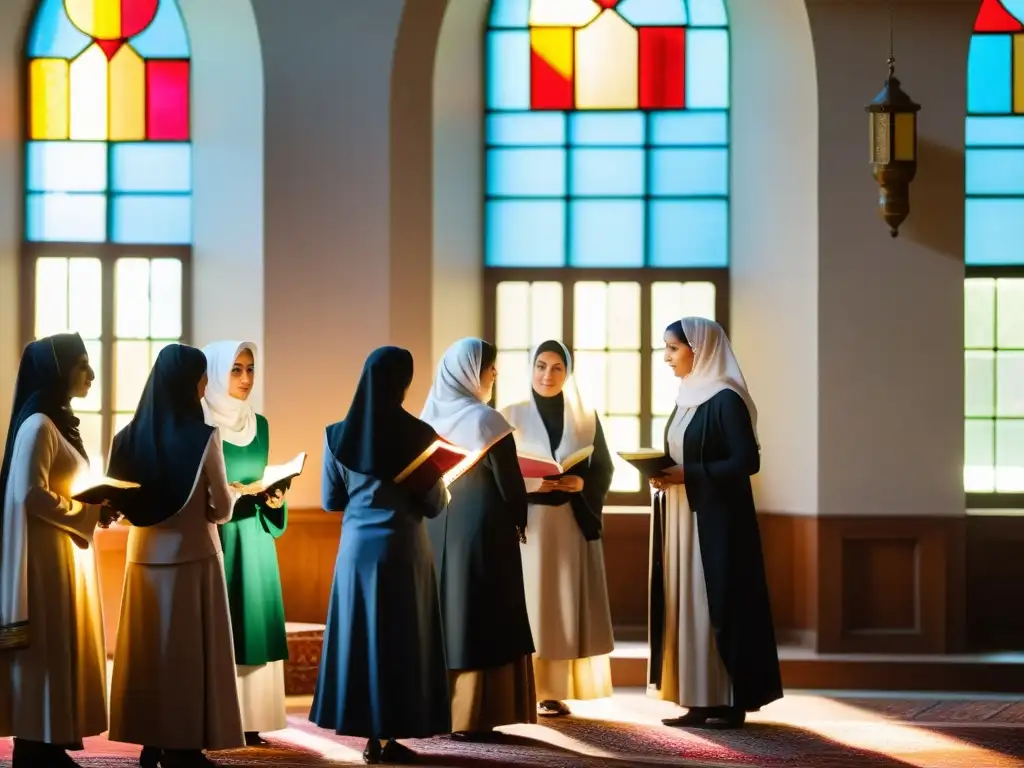 Un grupo de mujeres musulmanas en atuendo clerical tradicional se reúnen en una mezquita, participando en debates y estudios religiosos
