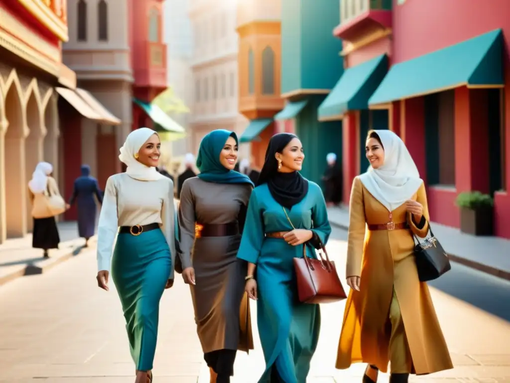 Un grupo de mujeres musulmanas camina con determinación por una bulliciosa calle de la ciudad occidental, mostrando diversidad y fuerza